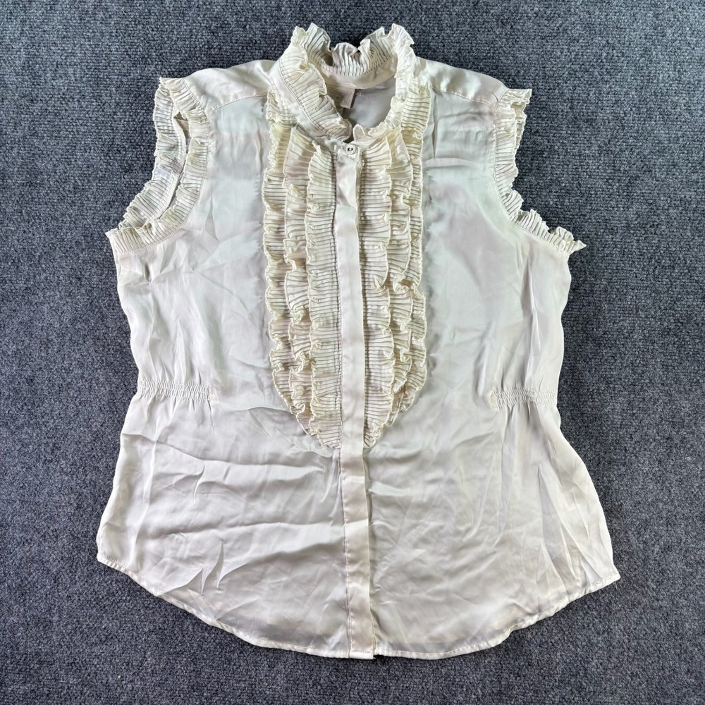 Converse‎ One Star Blouse Womens Large Cream Ruffle Neck Satin Sleeveless Top